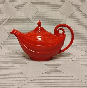 Vintage Hall Aladdin Bright Red Ceramic Teapot with Swirl Handle 1950's MCM